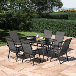 Livingandhome - Set of 7 Garden Patio Glass Umbrella Table and Folding Chairs Set