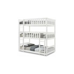 Lydia Triple Bunk Bed, Economy Plus mattresses included, White Wooden High Sleeper Kids Bunk Bed, Solid Rubberwood Bed Frame, Children's Bedroom