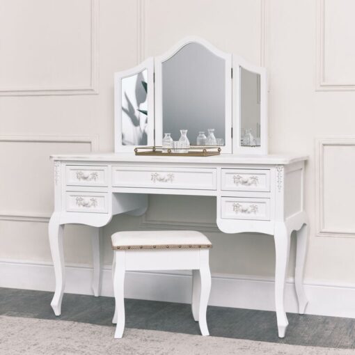 Melody Maison - Antique White Dressing Table Desk with Triple Mirror and Stool - Pays Blanc Range - Antique White, Gold