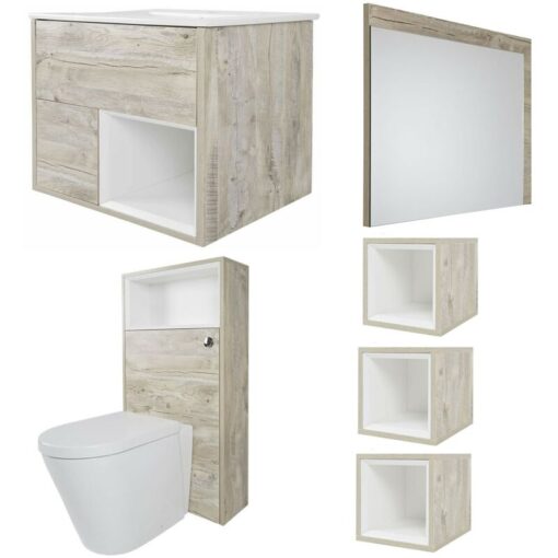 Milano Bexley - Light Oak 810mm Bathroom Furniture Set with Vanity Unit&44 Toilet WC Unit&44 Mirror and Three Cube Storage Units - No LED Lights