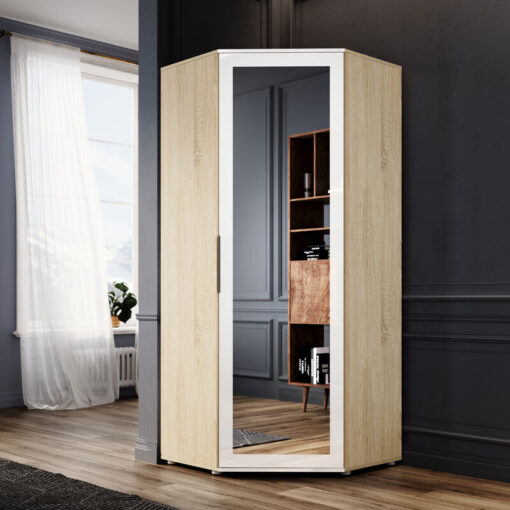 Modern Corner Wardrobes Dressing Mirror Bedroom Closet White & Oak Furniture with Soft close Hanging Rail 1860 x 800 x 800 mm - Elegant