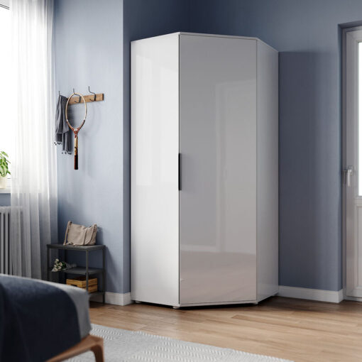 Modern Design Corner Wardrobe White High Gloss Bedroom Furniture 800 x 800 x 1860 mm with Shelves, Hanging Rails - Elegant