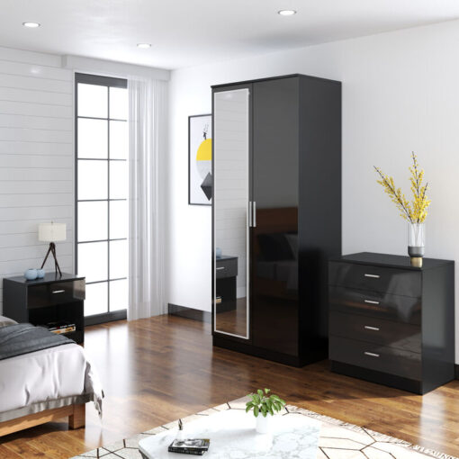 Modern High Gloss Wardrobe and Cabinet Furniture Set Bedroom 2 Doors Wardrobe with Mirror and 4 Drawer Chest and Bedside Cabinet, Black - Elegant