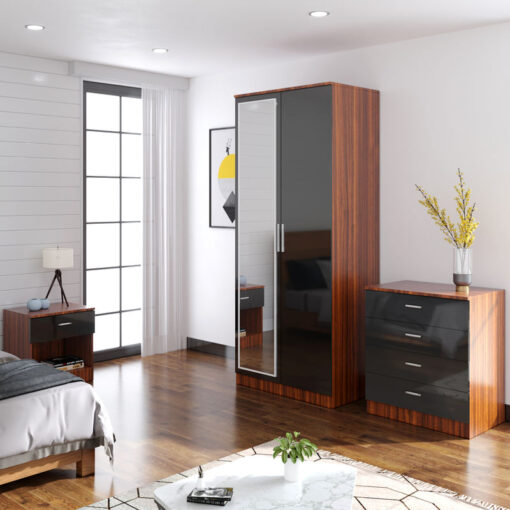 Modern High Gloss Wardrobe and Cabinet Furniture Set Bedroom 2 Doors Wardrobe with Mirror and 4 Drawer Chest and Bedside Cabinet, Black/Walnut