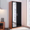 Modern Soft Close 2 Doors Wardrobe with Mirror and Metal Handles Includes a removable hanging rod and storage shelves, Black/Walnut - Elegant