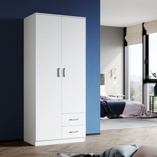 Modern Soft Close Wardrobe Double 2 Doors Wardrobe with Drawers Bedroom Furniture Large Storage Wardrobe, White - Elegant