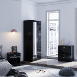 Modern Wardrobe and Cabinet Furniture Set Bedroom 2 Doors Wardrobe with Mirror and 4 Drawer Chest and Bedside Cabinet, Black - Elegant