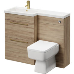 Napoli - 390 Combination Bordalino Oak 1100mm Vanity Unit Toilet Suite with Left Hand l Shaped 1 Tap Hole Basin and 2 Drawers with Brushed Brass