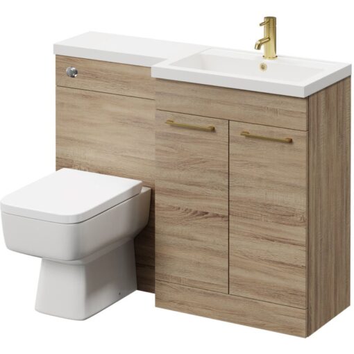 Napoli - 390 Combination Bordalino Oak 1100mm Vanity Unit Toilet Suite with Right Hand l Shaped 1 Tap Hole Basin and 2 Doors with Brushed Brass