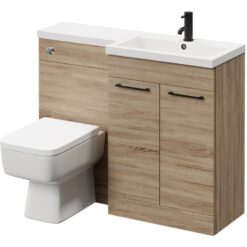 Napoli - 390 Combination Bordalino Oak 1100mm Vanity Unit Toilet Suite with Right Hand l Shaped 1 Tap Hole Basin and 2 Doors with Matt Black Handles