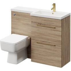 Napoli - 390 Combination Bordalino Oak 1100mm Vanity Unit Toilet Suite with Right Hand l Shaped 1 Tap Hole Basin and 2 Drawers with Brushed Brass