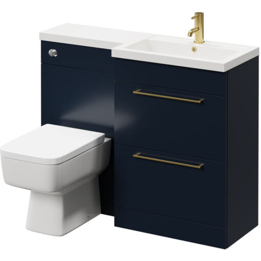 Napoli - 390 Combination Deep Blue 1100mm Vanity Unit Toilet Suite with Right Hand l Shaped 1 Tap Hole Basin and 2 Drawers with Brushed Brass Handles