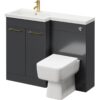 Napoli - 390 Combination Gloss Grey 1100mm Vanity Unit Toilet Suite with Left Hand l Shaped 1 Tap Hole Basin and 2 Doors with Brushed Brass Handles