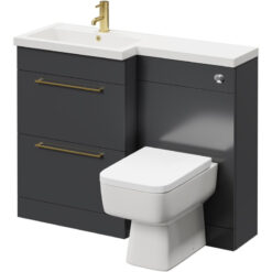 Napoli - 390 Combination Gloss Grey 1100mm Vanity Unit Toilet Suite with Left Hand l Shaped 1 Tap Hole Basin and 2 Drawers with Brushed Brass Handles