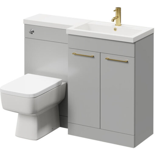 Napoli - 390 Combination Gloss Grey Pearl 1100mm Vanity Unit Toilet Suite with Right Hand l Shaped 1 Tap Hole Basin and 2 Doors with Brushed Brass