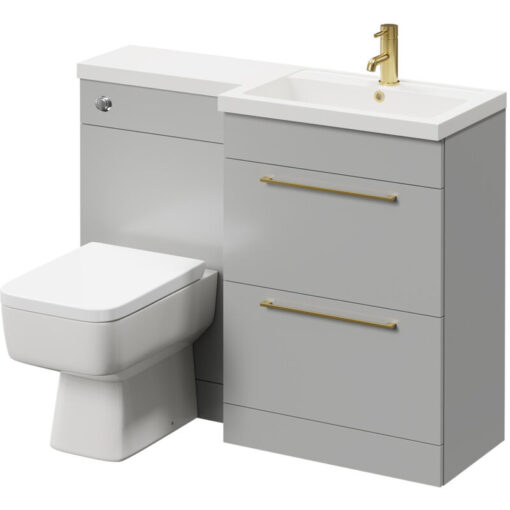 Napoli - 390 Combination Gloss Grey Pearl 1100mm Vanity Unit Toilet Suite with Right Hand l Shaped 1 Tap Hole Basin and 2 Drawers with Brushed Brass