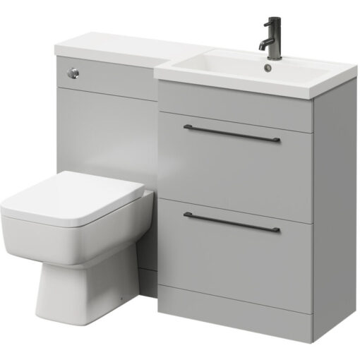 Napoli - 390 Combination Gloss Grey Pearl 1100mm Vanity Unit Toilet Suite with Right Hand l Shaped 1 Tap Hole Basin and 2 Drawers with Gunmetal Grey