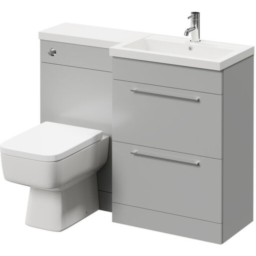 Napoli - 390 Combination Gloss Grey Pearl 1100mm Vanity Unit Toilet Suite with Right Hand l Shaped 1 Tap Hole Basin and 2 Drawers with Polished