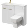 Napoli - 390 Combination Gloss White 1100mm Vanity Unit Toilet Suite with Left Hand l Shaped 1 Tap Hole Basin and 2 Doors with Brushed Brass Handles