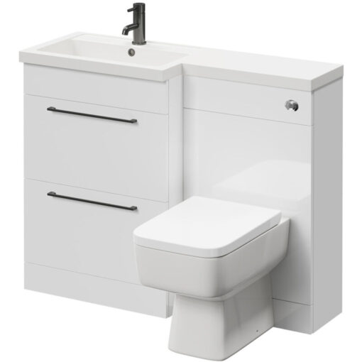 Napoli - 390 Combination Gloss White 1100mm Vanity Unit Toilet Suite with Left Hand l Shaped 1 Tap Hole Basin and 2 Drawers with Gunmetal Grey Handles