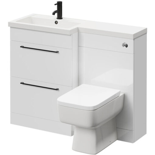 Napoli - 390 Combination Gloss White 1100mm Vanity Unit Toilet Suite with Left Hand l Shaped 1 Tap Hole Basin and 2 Drawers with Matt Black Handles