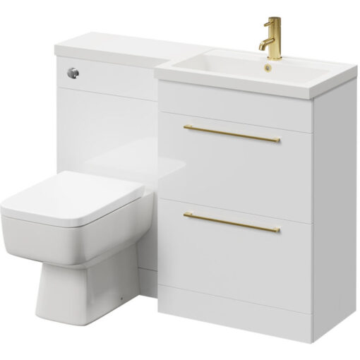 Napoli - 390 Combination Gloss White 1100mm Vanity Unit Toilet Suite with Right Hand l Shaped 1 Tap Hole Basin and 2 Drawers with Brushed Brass