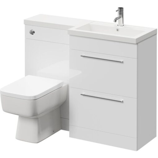 Napoli - 390 Combination Gloss White 1100mm Vanity Unit Toilet Suite with Right Hand l Shaped 1 Tap Hole Basin and 2 Drawers with Polished Chrome