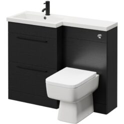 Napoli - 390 Combination Nero Oak 1100mm Vanity Unit Toilet Suite with Left Hand l Shaped 1 Tap Hole Basin and 2 Drawers with Matt Black Handles