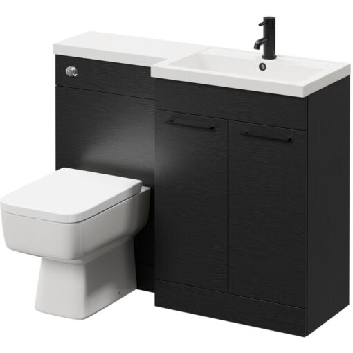 Napoli - 390 Combination Nero Oak 1100mm Vanity Unit Toilet Suite with Right Hand l Shaped 1 Tap Hole Basin and 2 Doors with Matt Black Handles