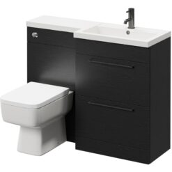 Napoli - 390 Combination Nero Oak 1100mm Vanity Unit Toilet Suite with Right Hand l Shaped 1 Tap Hole Basin and 2 Drawers with Gunmetal Grey Handles