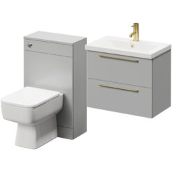 Napoli - 390 Gloss Grey Pearl 1100mm Wall Mounted Vanity Unit Toilet Suite with 1 Tap Hole Basin and 2 Drawers with Brushed Brass Handles