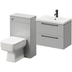 Napoli 390 Gloss Grey Pearl 1100mm Wall Mounted Vanity Unit Toilet Suite with 1 Tap Hole Basin and 2 Drawers with Matt Black Handles