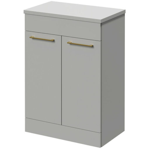 Napoli - 390 Gloss Grey Pearl 600mm Floor Standing Vanity Unit for Countertop Basins with 2 Doors and Brushed Brass Handles