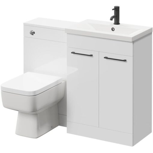 Napoli - 390 Gloss White 1100mm Vanity Unit Toilet Suite with 1 Tap Hole Basin and 2 Doors with Matt Black Handles