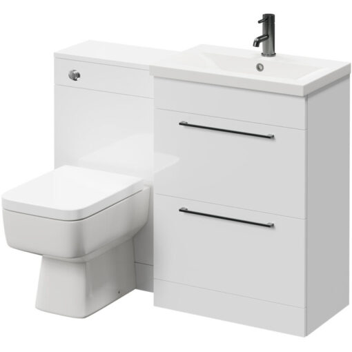 Napoli - 390 Gloss White 1100mm Vanity Unit Toilet Suite with 1 Tap Hole Basin and 2 Drawers with Gunmetal Grey Handles