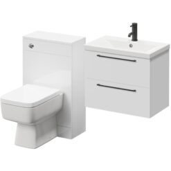 Napoli - 390 Gloss White 1100mm Wall Mounted Vanity Unit Toilet Suite with 1 Tap Hole Basin and 2 Drawers with Matt Black Handles