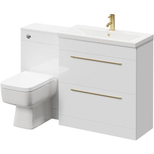 Napoli 390 Gloss White 1300mm Vanity Unit Toilet Suite with 1 Tap Hole Basin and 2 Drawers with Brushed Brass Handles