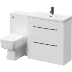 Napoli 390 Gloss White 1300mm Vanity Unit Toilet Suite with 1 Tap Hole Basin and 2 Drawers with Matt Black Handles