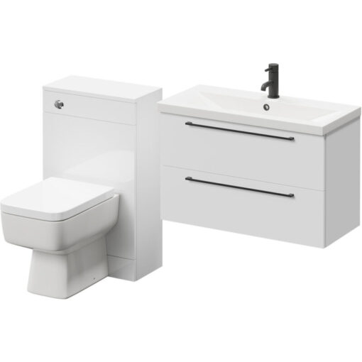 Napoli - 390 Gloss White 1300mm Wall Mounted Vanity Unit Toilet Suite with 1 Tap Hole Basin and 2 Drawers with Matt Black Handles