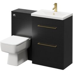 Napoli - 390 Nero Oak 1100mm Vanity Unit Toilet Suite with 1 Tap Hole Basin and 2 Drawers with Brushed Brass Handles