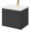 Napoli Gloss Grey 600mm Wall Mounted Vanity Unit with 1 Tap Hole Basin and 2 Drawers with Brushed Brass Handles