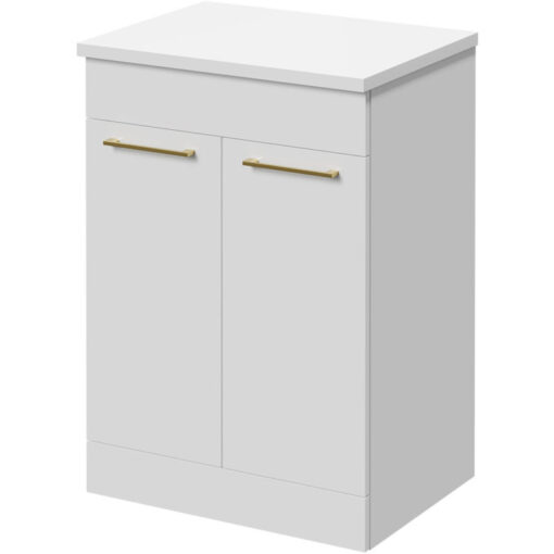 Napoli Gloss White 600mm Floor Standing Vanity Unit for Countertop Basins with 2 Doors and Brushed Brass Handles