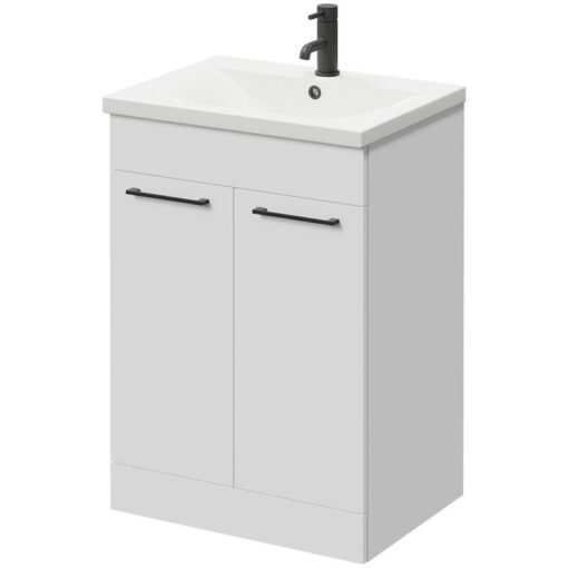 Napoli Gloss White 600mm Floor Standing Vanity Unit with 1 Tap Hole Basin and 2 Doors with Matt Black Handles