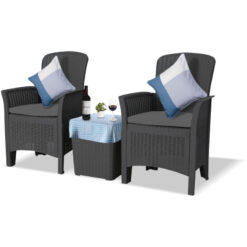 Ophelia 3-Piece Rattan Garden Furniture High Back Armchair Set with Side Table in Black - Homeology