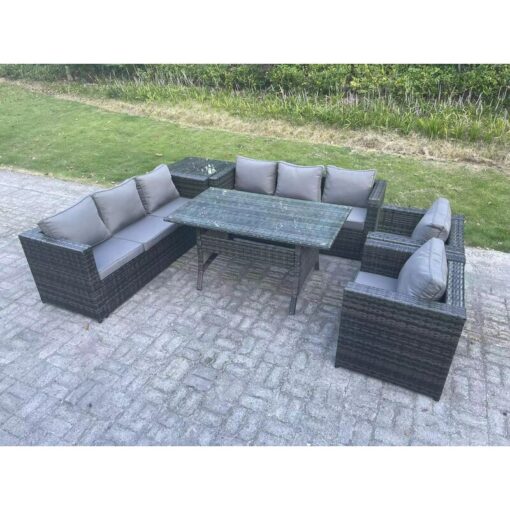 Outdoor Garden Furniture Rattan Lounge Sofa Set Patio Rectangular Dining Table with 2 Armchair Side Table 8 Seater Dark Grey Mixed - Fimous