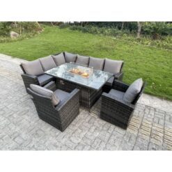 Outdoor Rattan Corner Sofa Garden Furniture High Back Sofa Set Gas Fire Pit Dining Table Gas Heater Burner 2 Arm Chair 8 Seater - Fimous