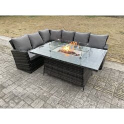 Outdoor Rattan Corner Sofa Garden Furniture High Back Sofa Set Gas Fire Pit Dining Table Gas Heater Burner 6 Seater - Fimous