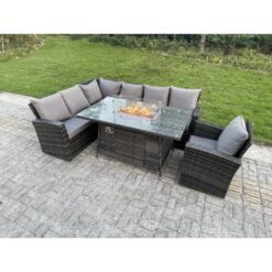 Outdoor Rattan Corner Sofa Garden Furniture High Back Sofa Set Gas Fire Pit Dining Table Gas Heater Burner Arm Chair 7 Seater - Fimous