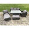 Outdoor Rattan Furniture Garden Dining Sets Height Adjustable Rising lifting Table and Chair Set With Lounge Sofa 3 Footstools - Fimous