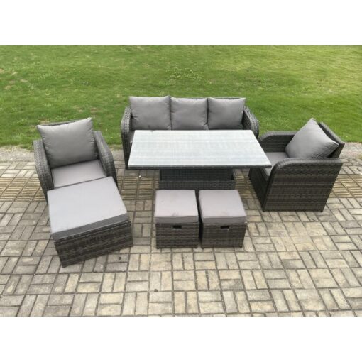 Outdoor Rattan Furniture Garden Dining Sets Height Adjustable Rising lifting Table and Chair Set With Lounge Sofa 3 Footstools - Fimous